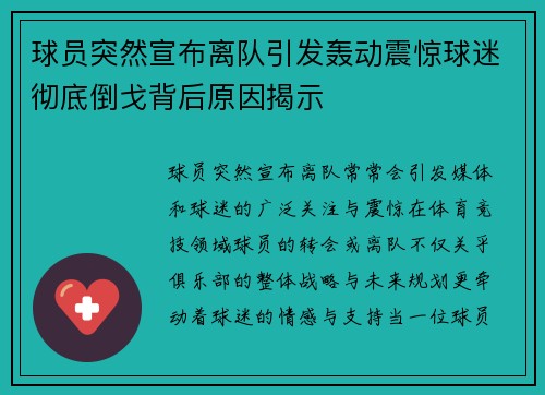 球员突然宣布离队引发轰动震惊球迷彻底倒戈背后原因揭示